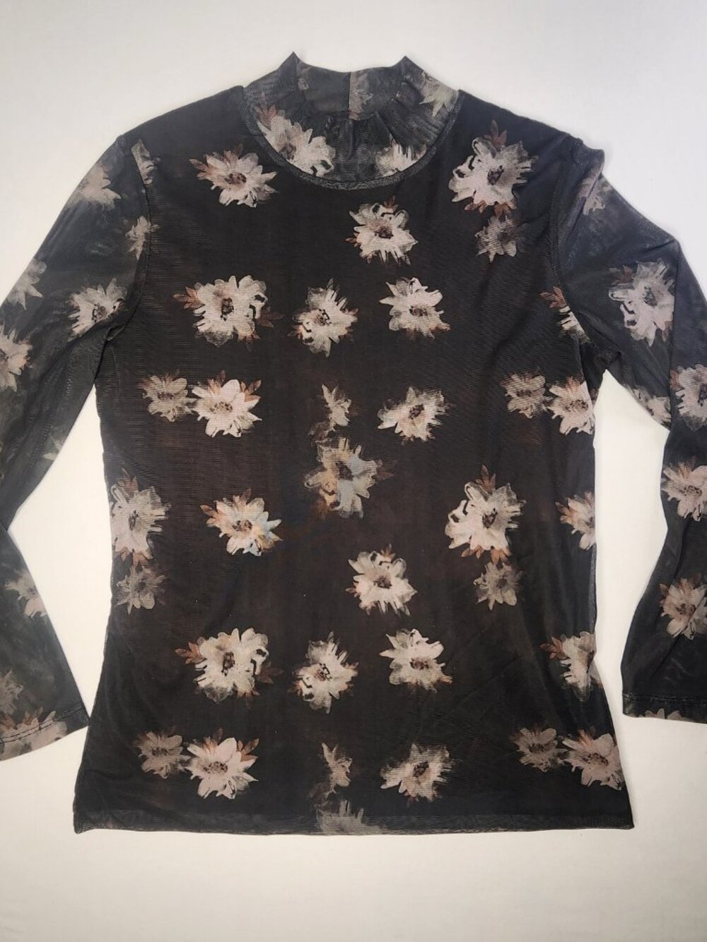Contemporaine Sheer Mesh Floral Top Black, Size L Mock Neck Long Sleeve